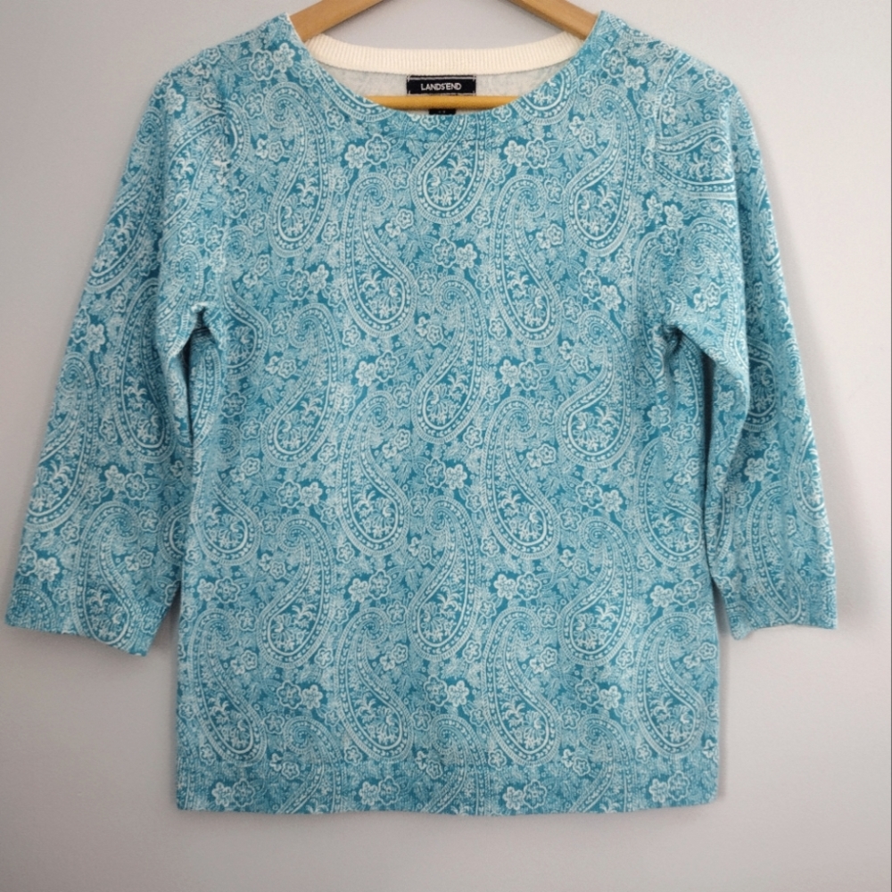 100% cotton Lands End Paisley Snowflake‎ three quarter sleeve sweater
